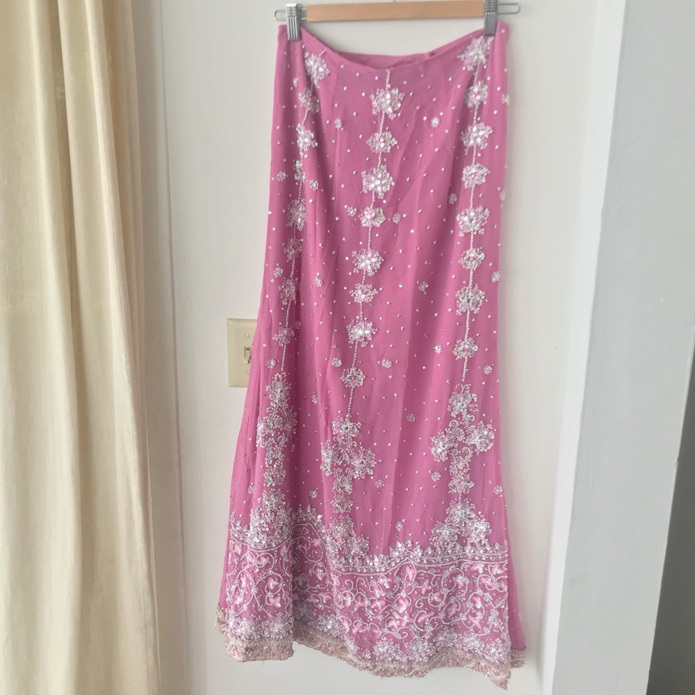 CORAL PINK SILK AND CRYSTAL LEHENGA WEDDING WEAR